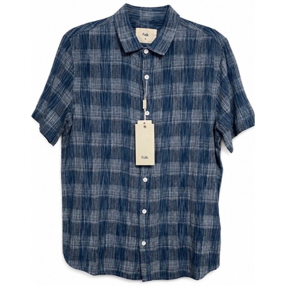 FOLK William Men’s Shirt M Blue Plaid Textured Cotton Short Sleeve NWT $182